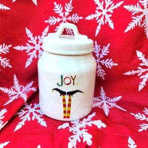 Rae Dunn 7" Canister Jar Joy upside down elf legs White Christmas
